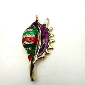 Vintage 80s Gold Tone Enamel Conch Shell Brooch Large Red Green Purple Rhineston